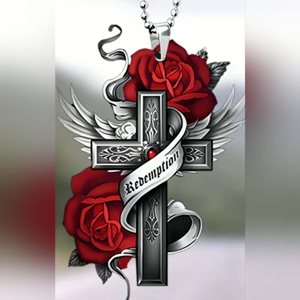 Red Rose and Silver Cross with Silver Wings Acrylic Car Decor